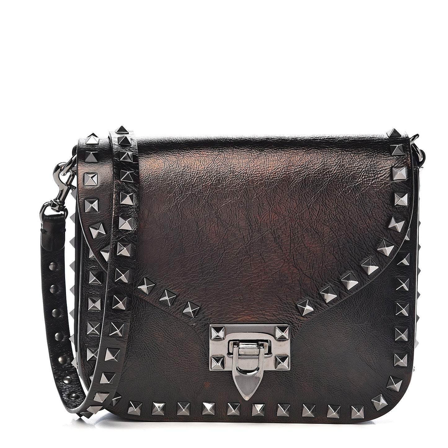 Craquele Calfskin Rockstud Shoulder Flap Messenger Bag Black
