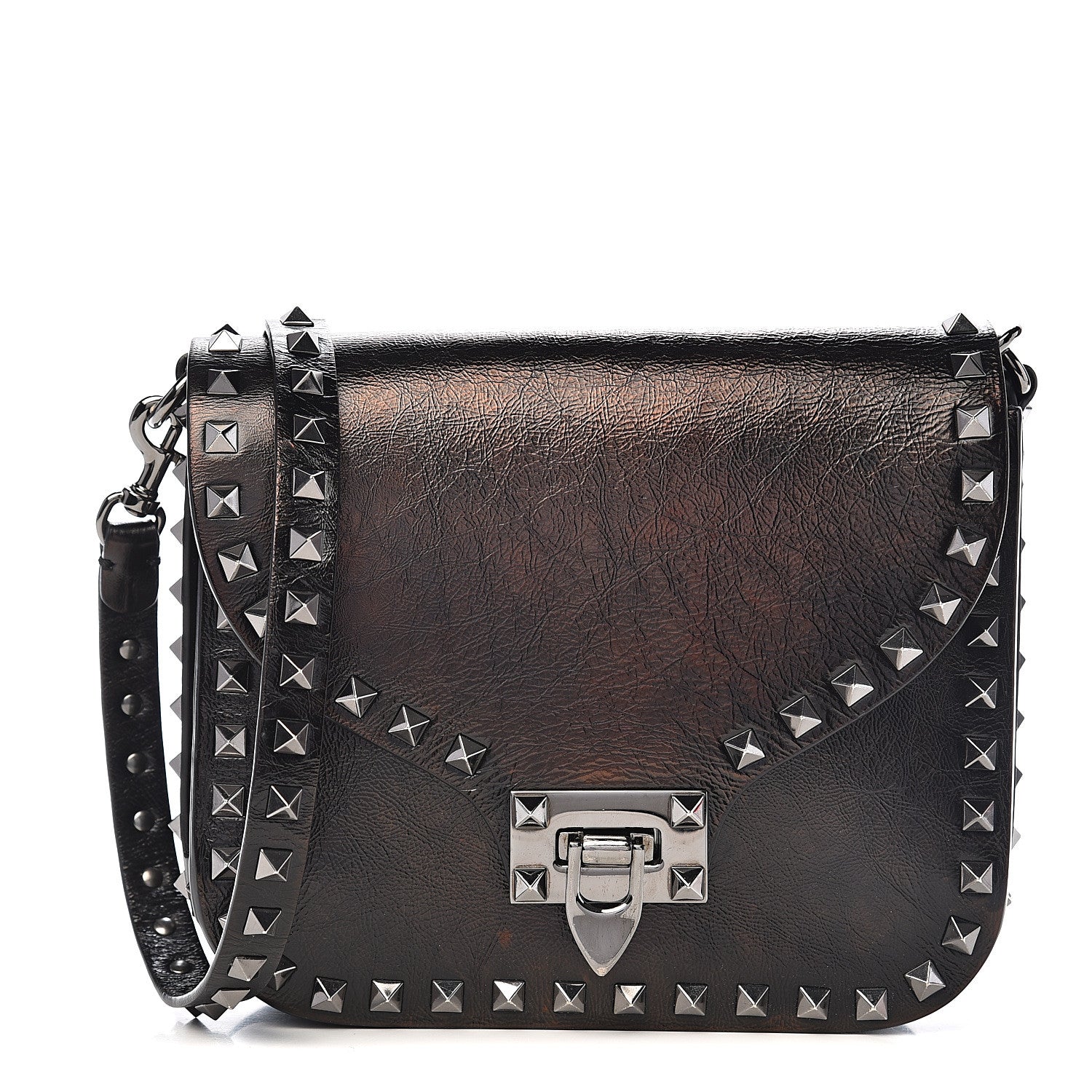 Valentino Garavani Craquele Calfskin Rockstud Shoulder Flap Messenger Bag Black 1 of 14