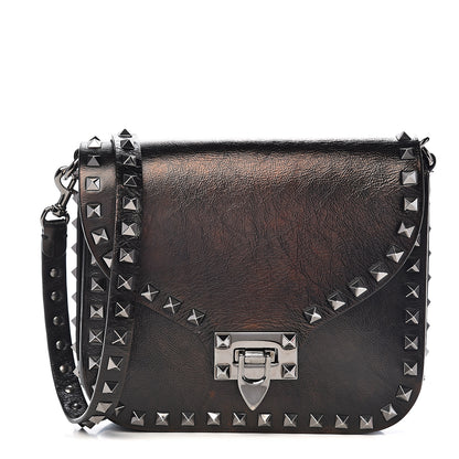Valentino Garavani Craquele Calfskin Rockstud Shoulder Flap Messenger Bag Black 1 of 14