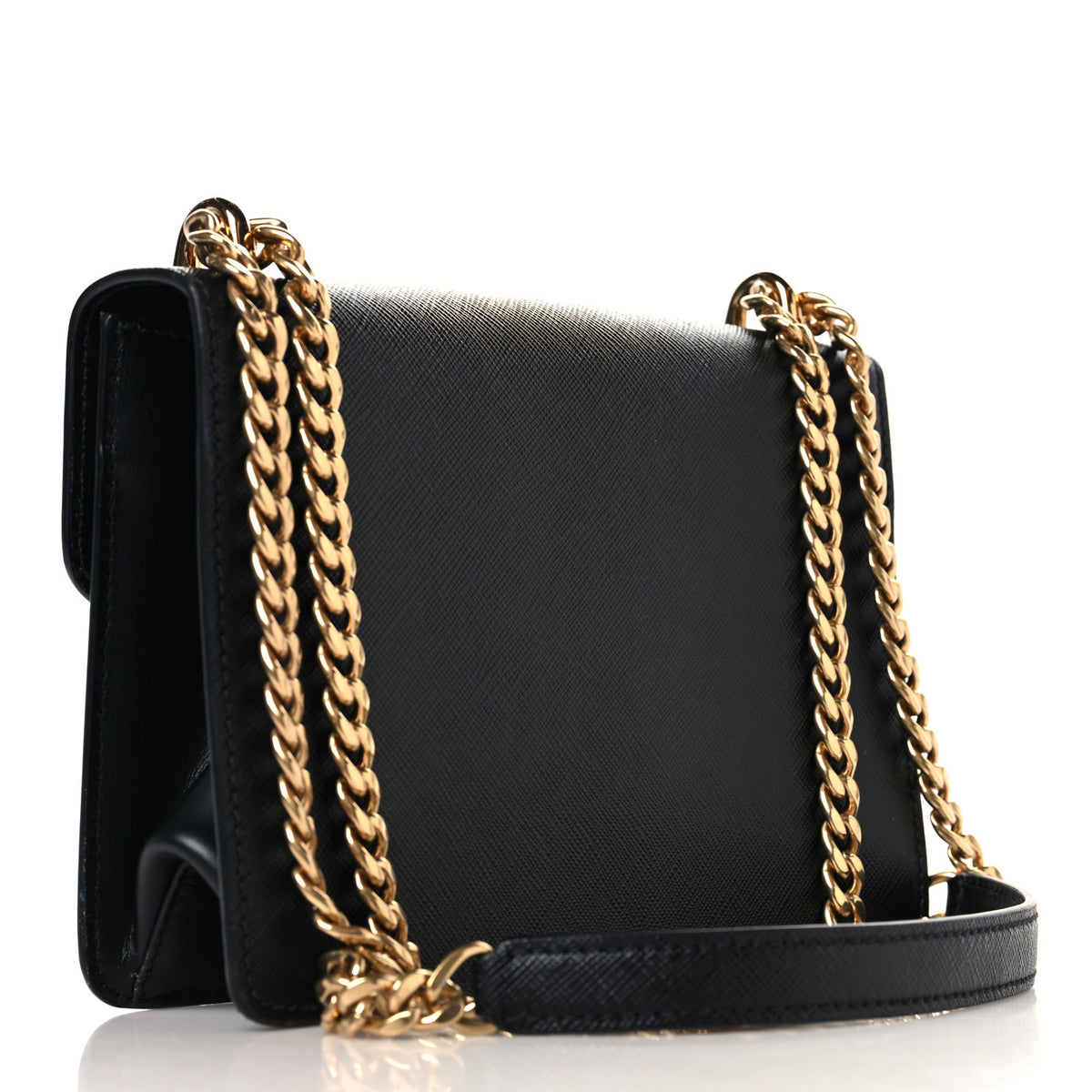 Saffiano Soft Calfskin Metal Triangle Logo Envelope Chain Shoulder Bag Black