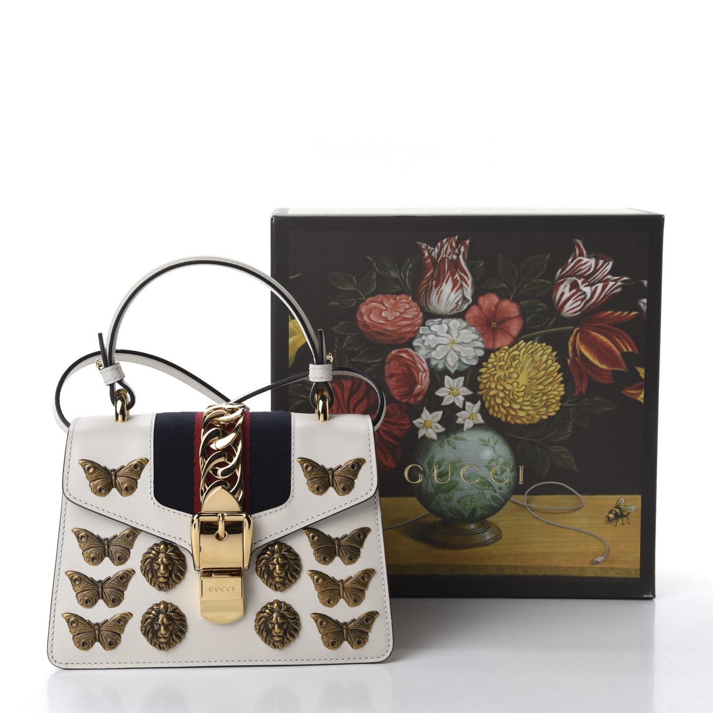 Calfskin Animal Studs Mini Sylvie Top Handle Bag White