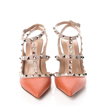 Valentino Garavani Calfskin Nappa Rockstud Ankle Strap 100mm Pumps 38 Orange Poudre 2 of 8