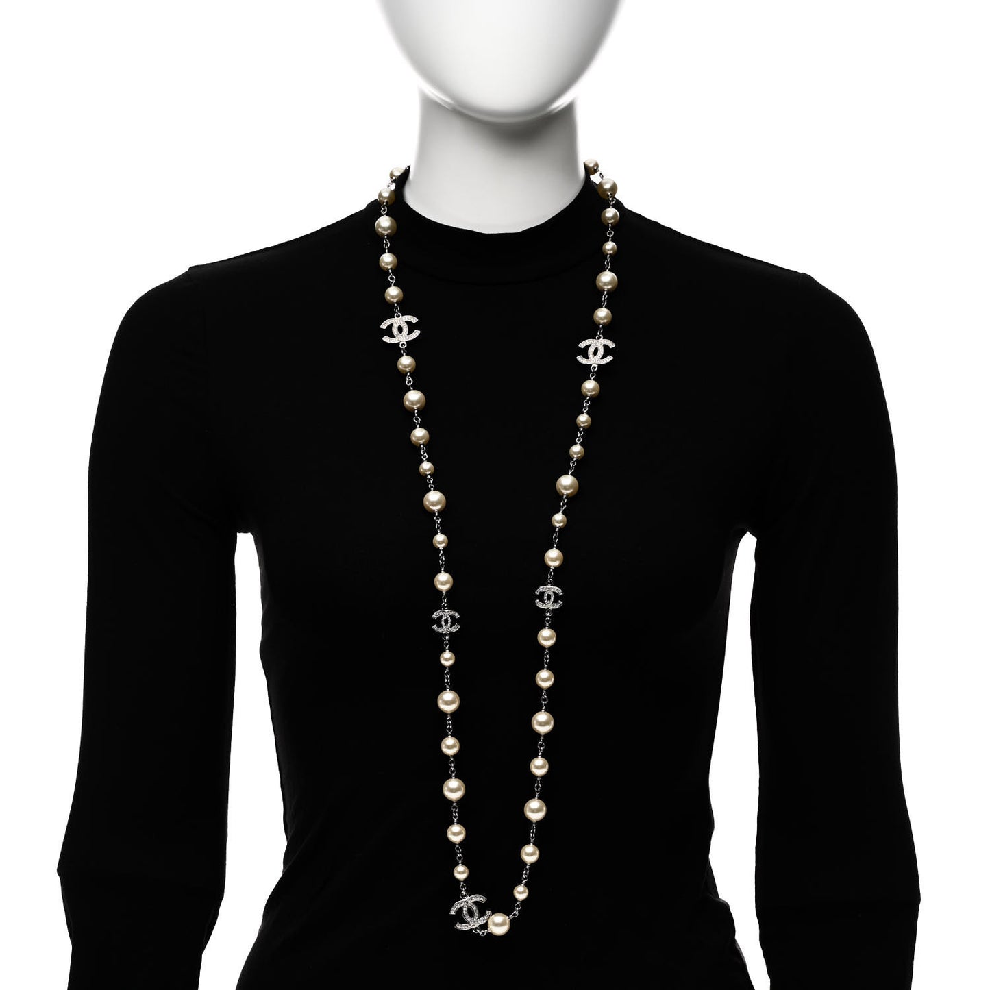 Graduated Pearl Crystal CC Long Necklace Silver