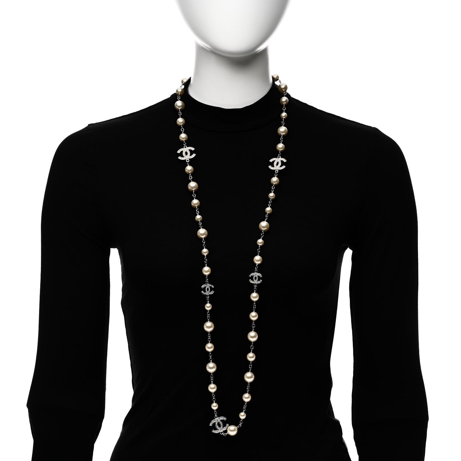 Chanel Graduated Pearl Crystal CC Long Necklace Silver 2 of 6