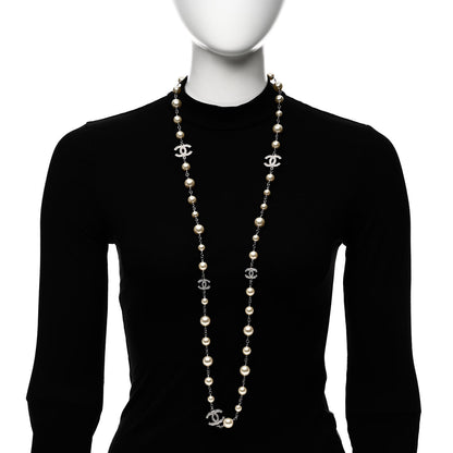 Chanel Graduated Pearl Crystal CC Long Necklace Silver 2 of 6