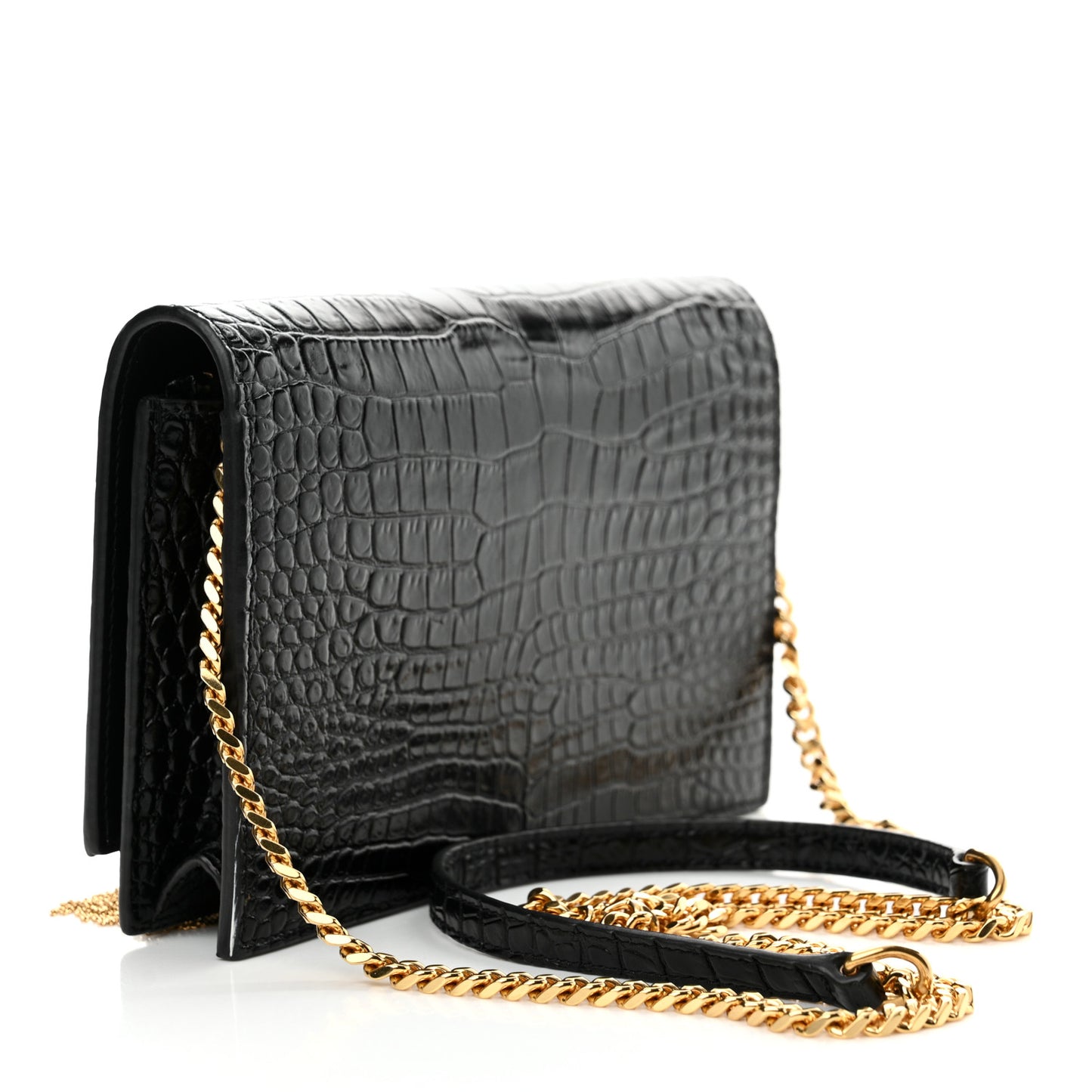 Calfskin Crocodile Embossed Kate Monogram Tassel Chain Wallet Black