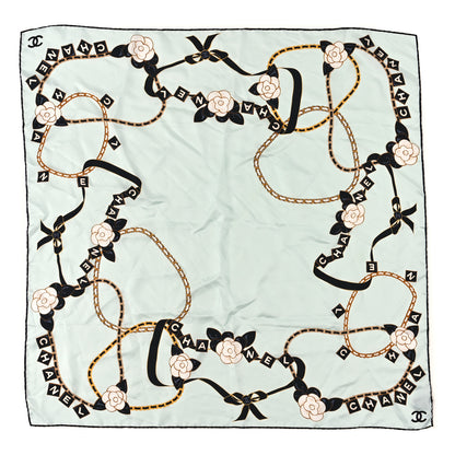 Chanel Silk Camellia CC Charms Square Scarf Light Blue Black 1 of 3