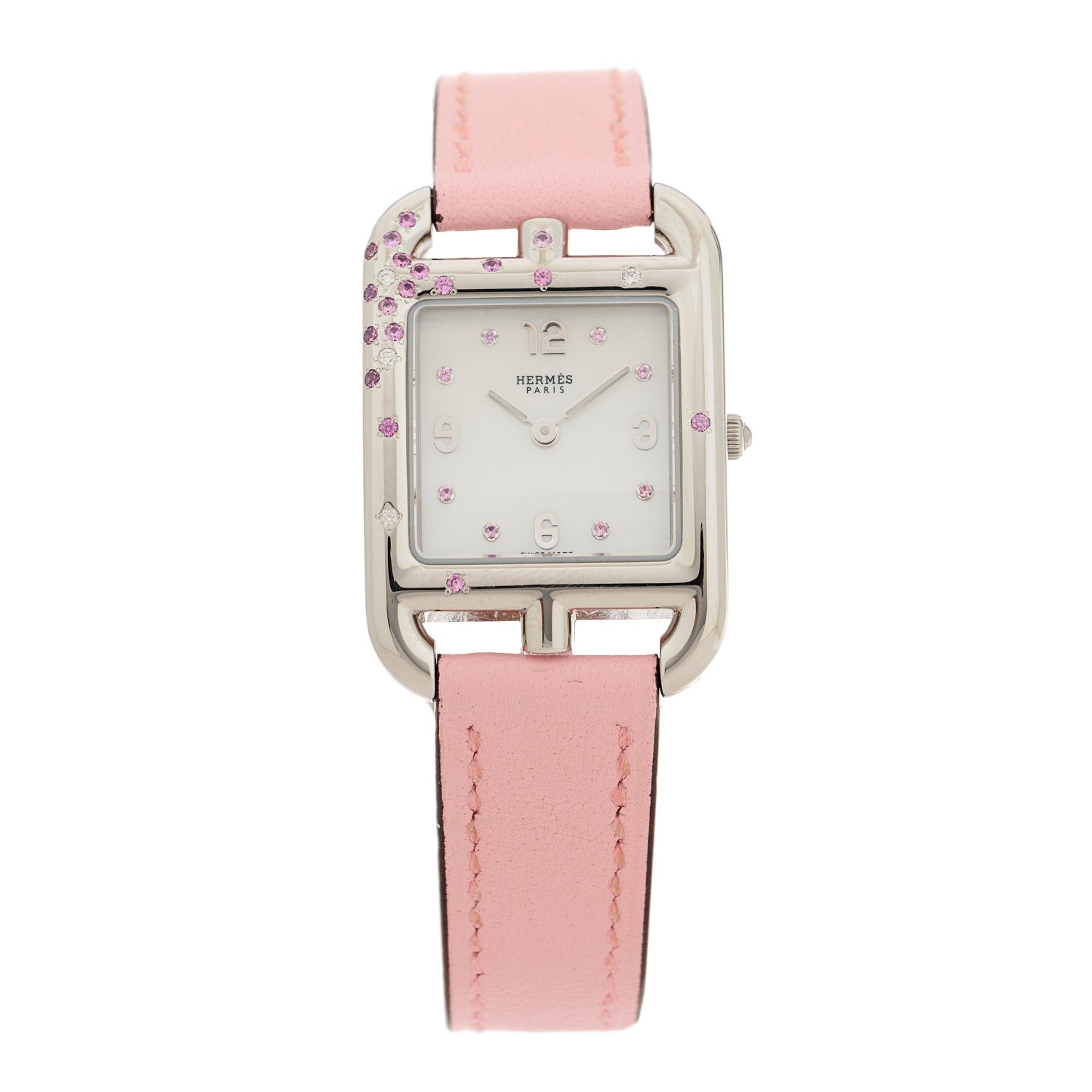 Hermes Stainless Steel Swift Diamond Pink Sapphire Mother of Pearl 23mm Cape Cod Quartz Watch Rose Sakura 1 of 5