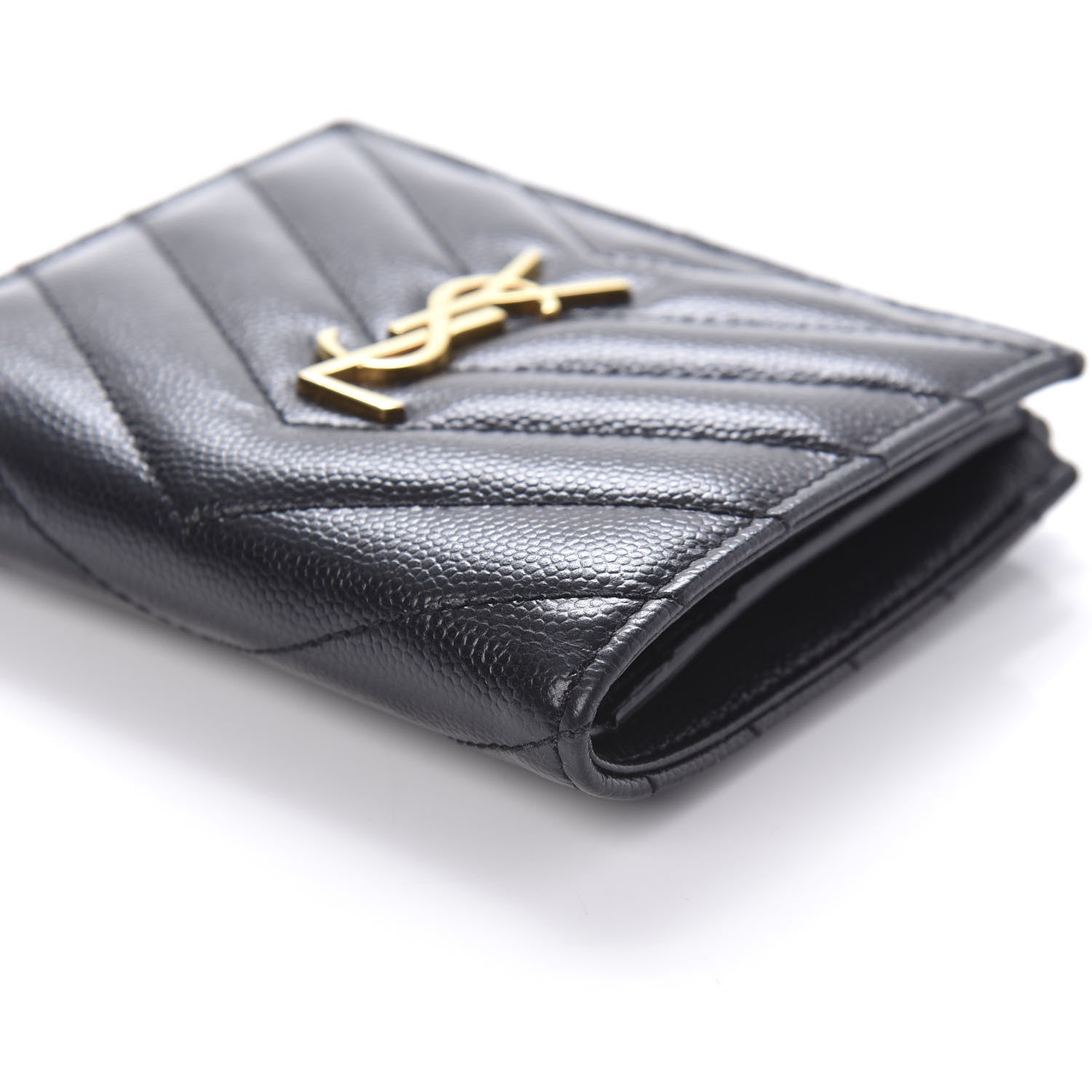 Saint Laurent Grain De Poudre Matelasse Chevron Monogram Zipped Card Case Black 7 of 9
