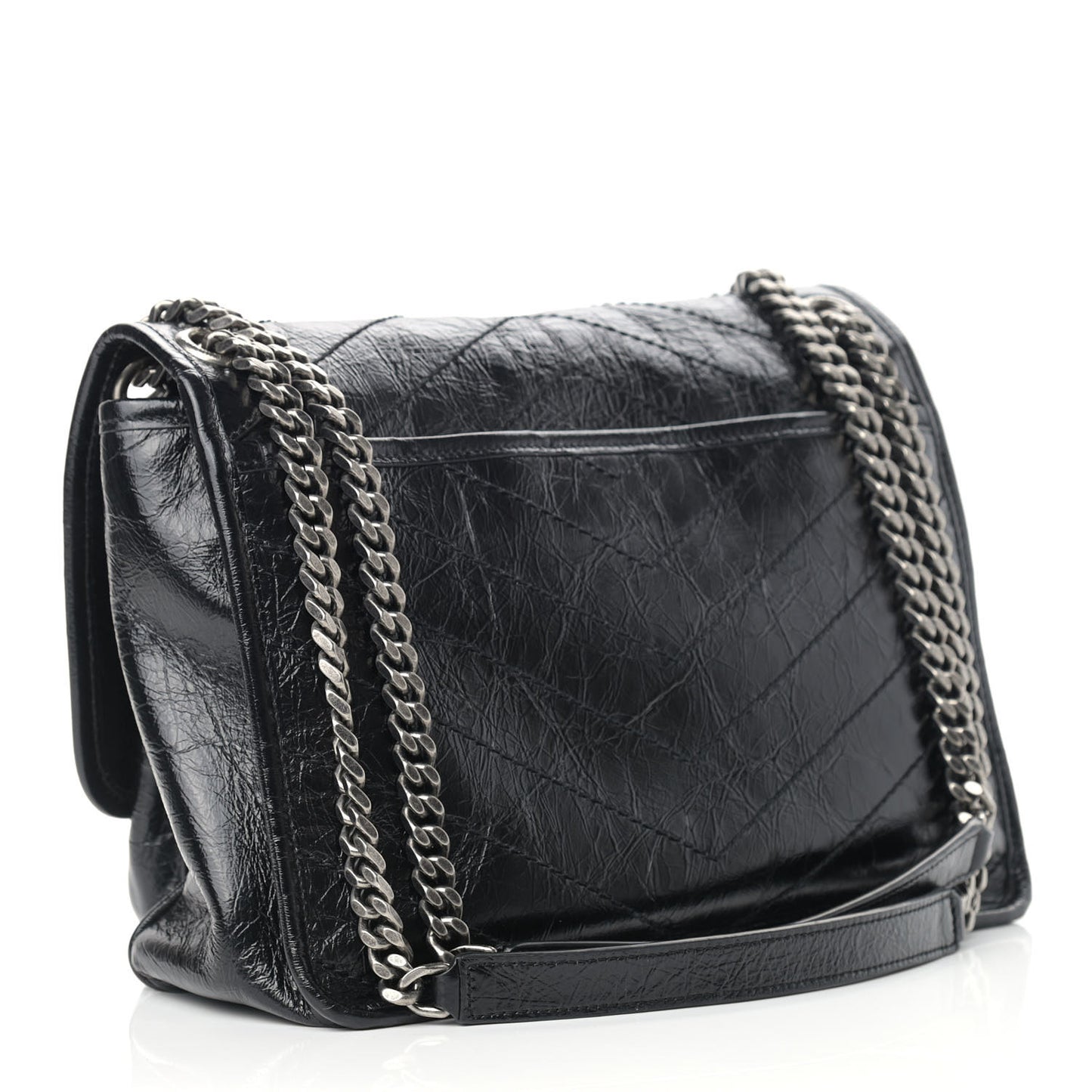 Crinkled Calfskin Matelasse Monogram Medium Niki Chain Satchel Black