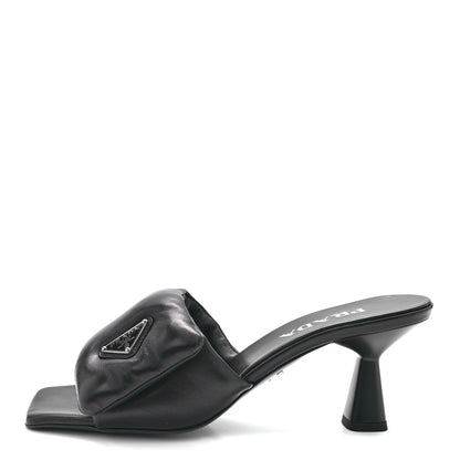 Prada Nappa Soft Padded Metal Triangle Logo 65mm Slide Sandals 39 Black 1 of 9