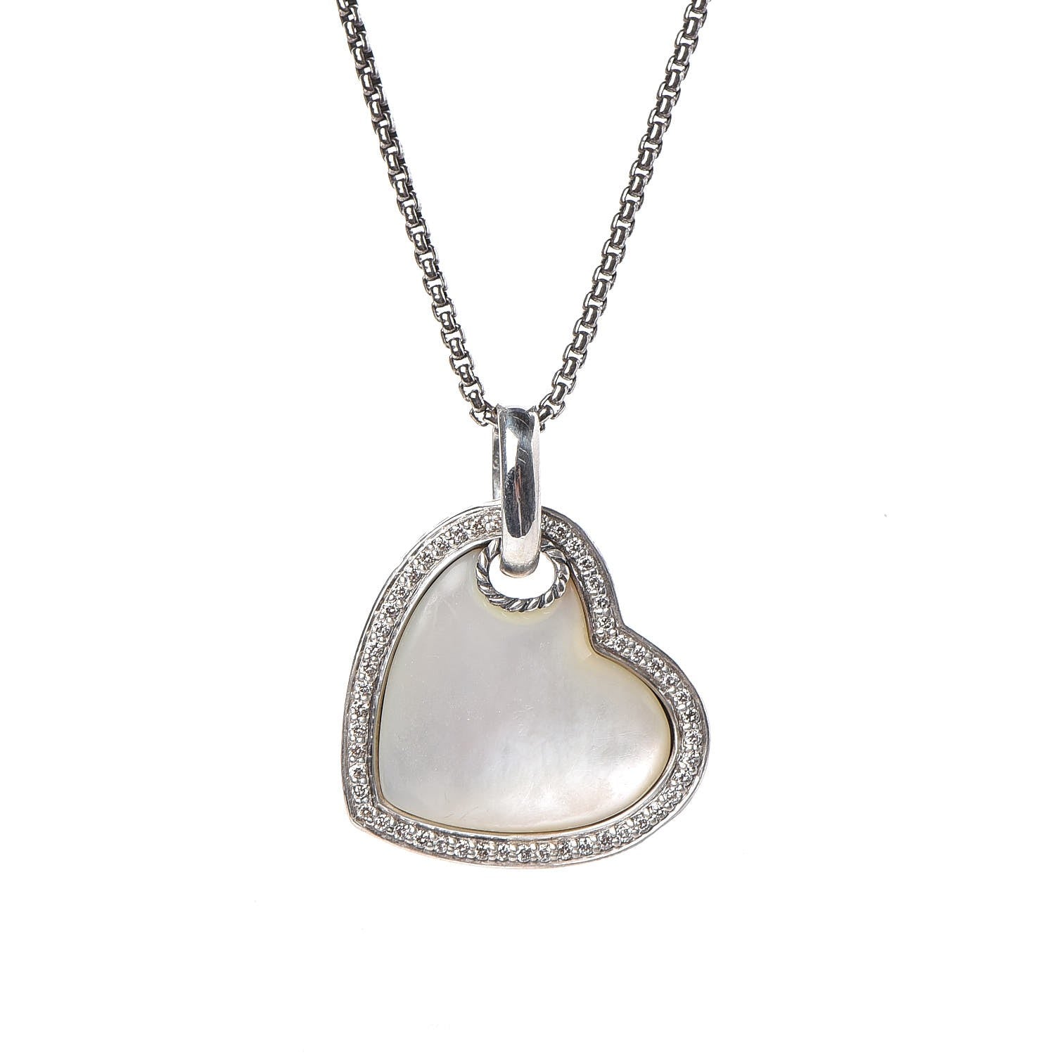 David Yurman Sterling Silver Diamond Mother of Pearl Heart Pendant Necklace 4 of 7