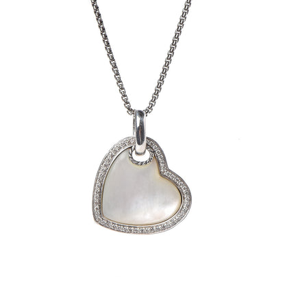 David Yurman Sterling Silver Diamond Mother of Pearl Heart Pendant Necklace 4 of 7