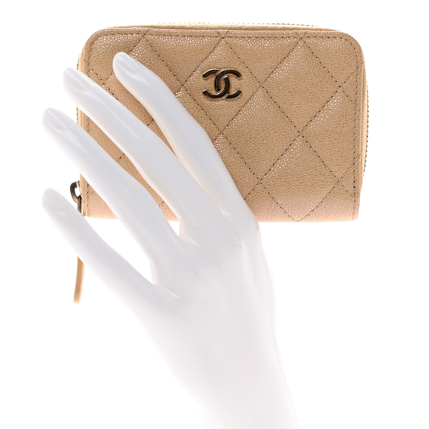 Iridescent Caviar Quilted Zip Around Coin Purse Beige