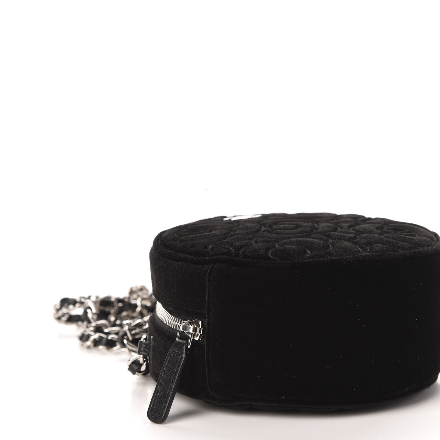 Suede Camellia Quilted Round Clutch With Chain Black
