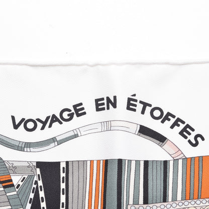 Hermes Silk Voyage En Etoffes Scarf 90 White Vert De Gris Orange 5 of 7