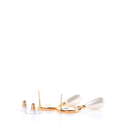 Chanel Metal Pearl Paris Button Drop Earrings Gold 3 of 4
