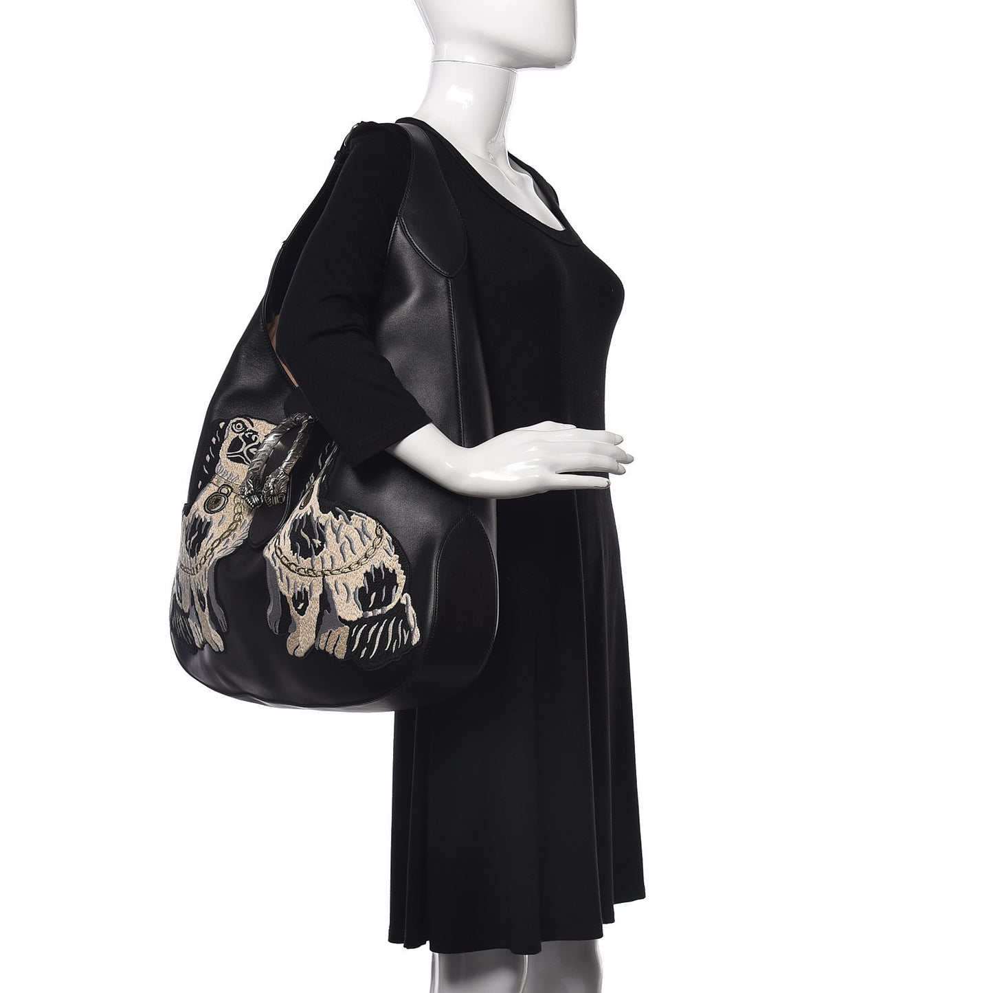 Calfskin Dog Embroidered Extra Large Dionysus Hobo Black