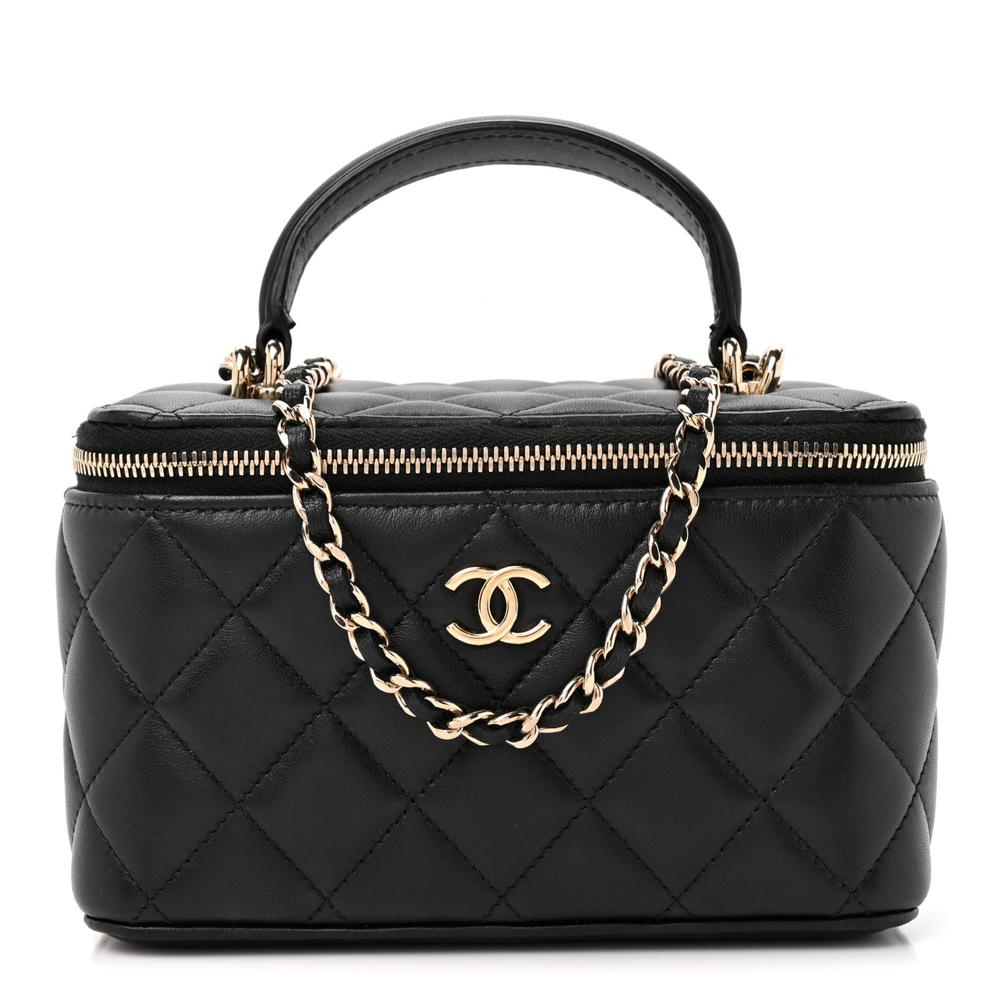 Lambskin Quilted Small Top Handle Vanity Case With Chain Black
