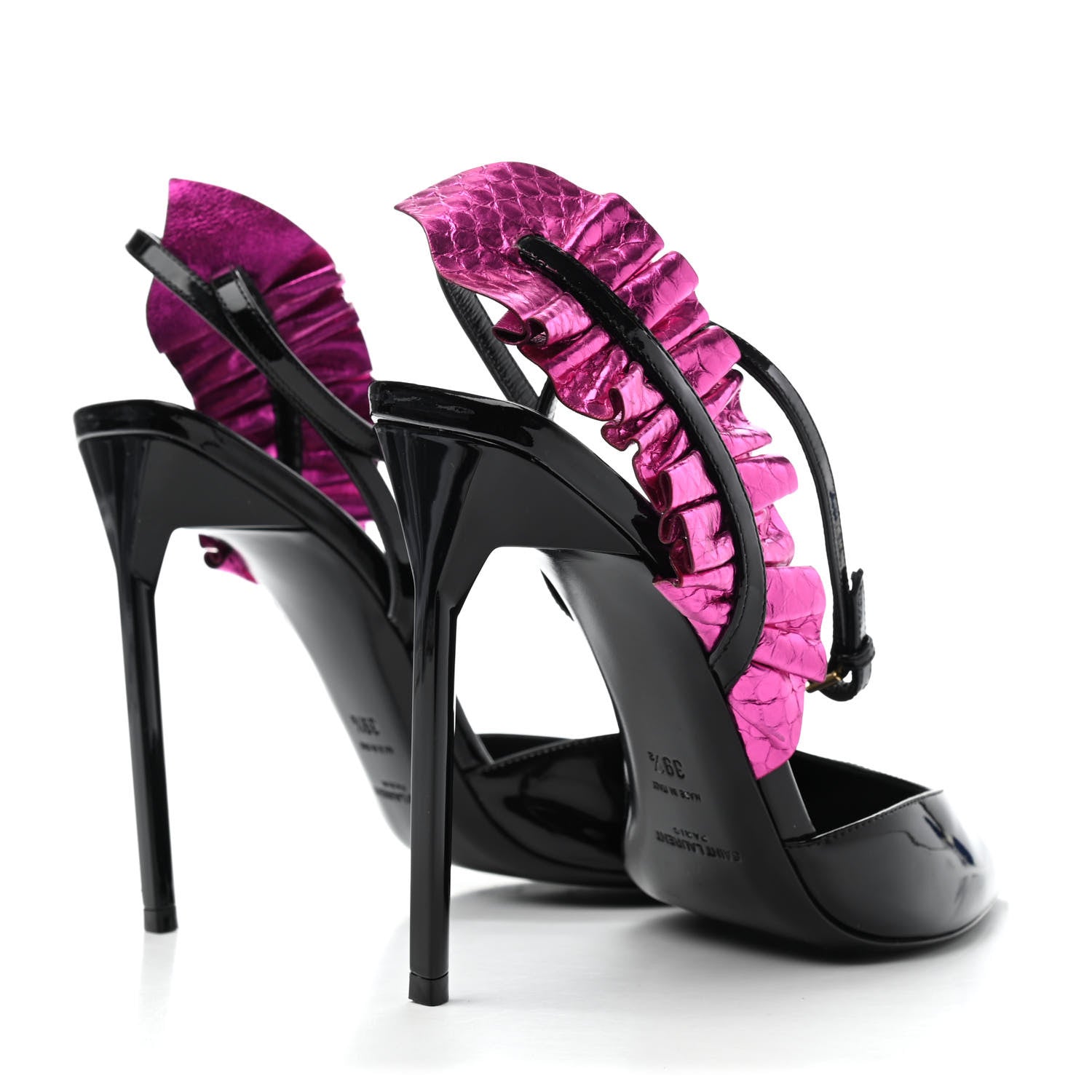 Saint Laurent Patent Calfskin Ayers Edie 110 Leaf Slingback Pumps 39.5 Black Fuschia 4 of 4