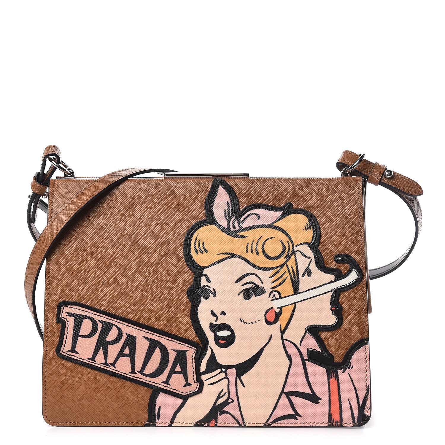 Prada Saffiano Patch Comics Light Frame Bag Caramel 1 of 10