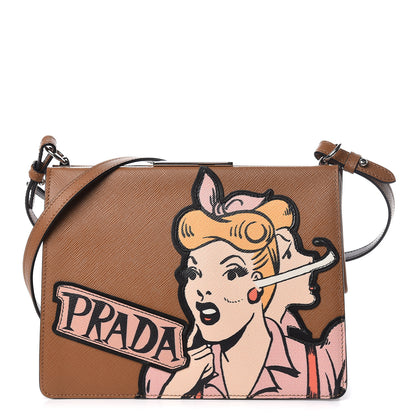 Prada Saffiano Patch Comics Light Frame Bag Caramel 1 of 10