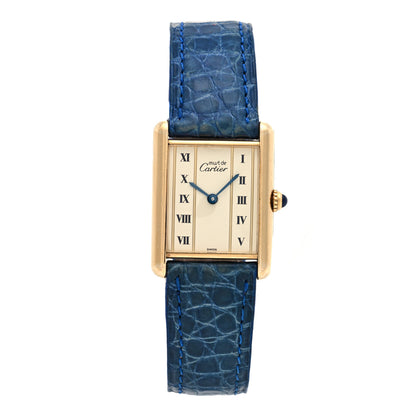 Cartier Sterling Silver Vermeil Alligator 23mm Must de Cartier Tank Quartz Watch Blue 1 of 4