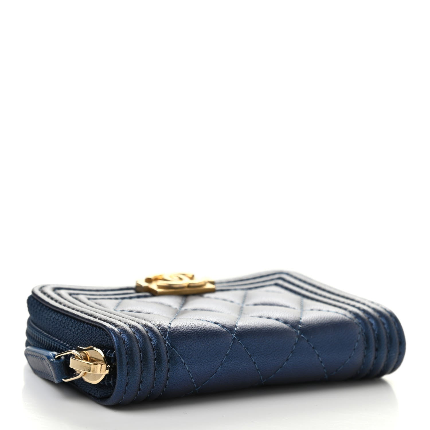 Chanel Metallic Lambskin Quilted Boy Zip Around Coin Purse Wallet Navy 4 of 8