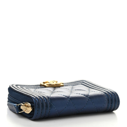 Chanel Metallic Lambskin Quilted Boy Zip Around Coin Purse Wallet Navy 4 of 8