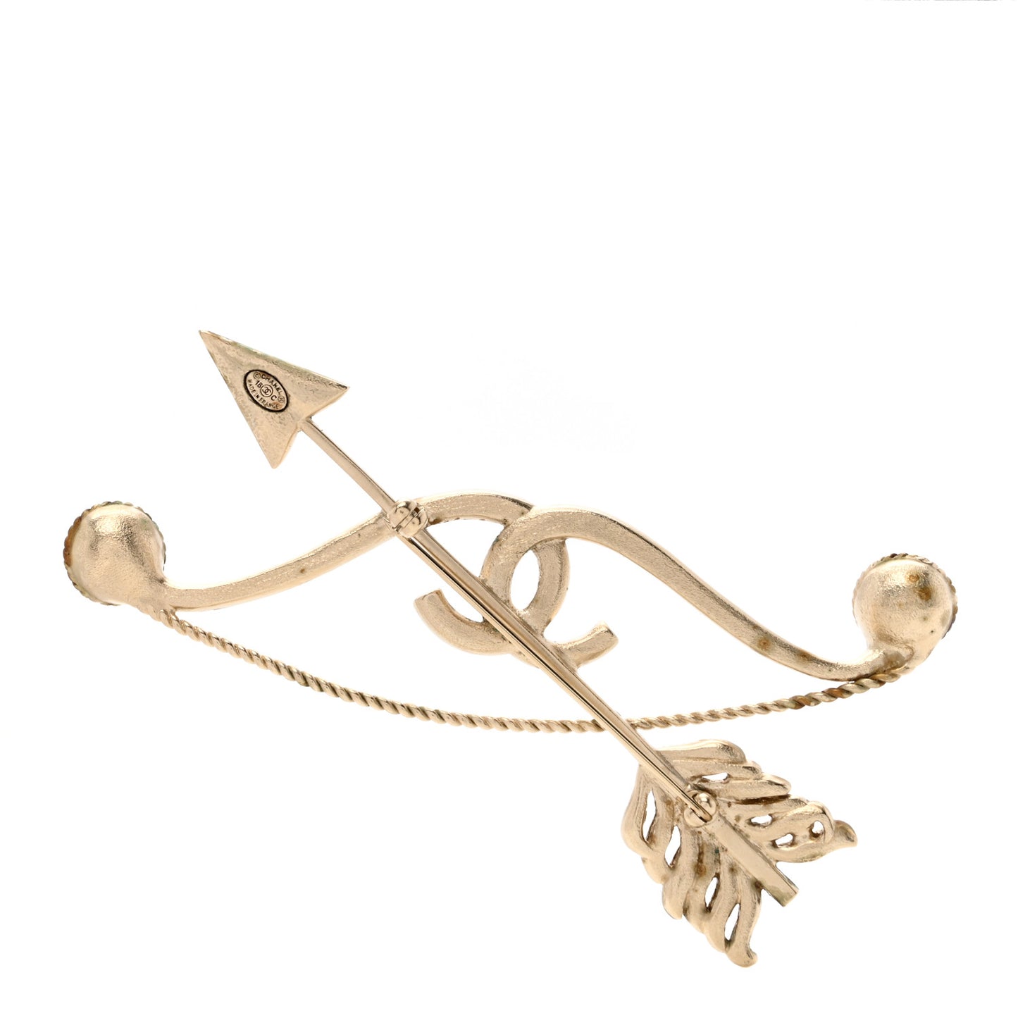 Crystal Pearl CC Arrow Brooch Gold