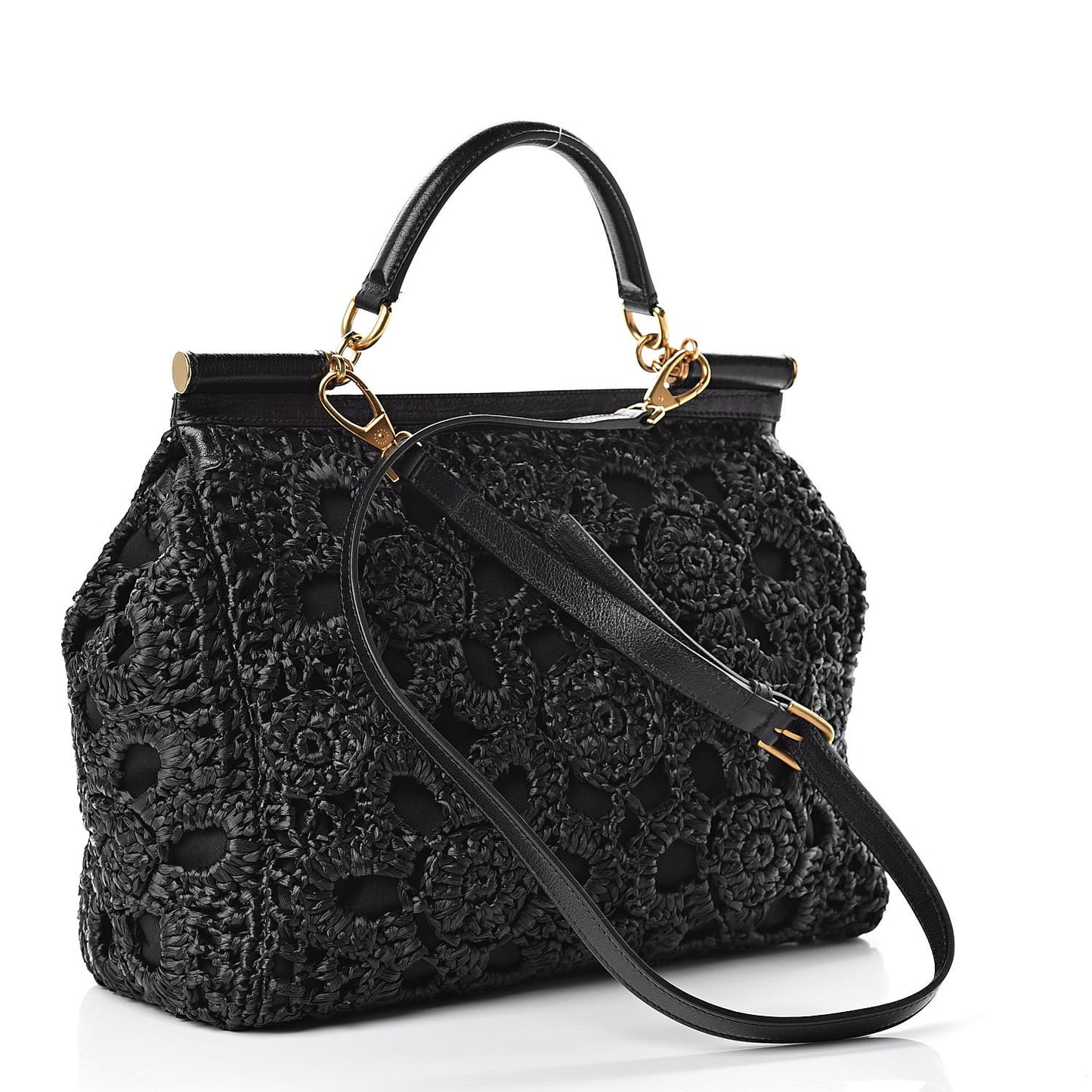 Calfskin Straw Crocheted Large Embroidered Laser Cut Miss Sicily Satchel Black