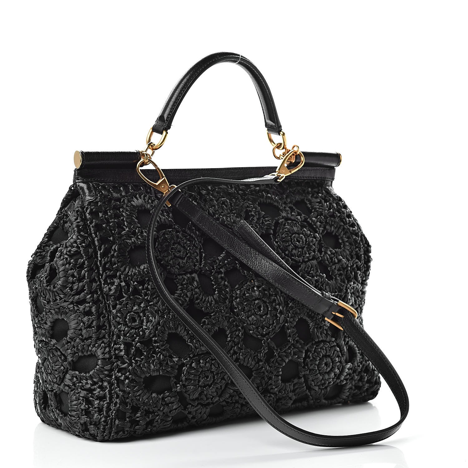 Dolce & Gabbana Calfskin Straw Crocheted Large Embroidered Laser Cut Miss Sicily Satchel Black 3 of 12
