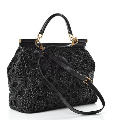 Dolce & Gabbana Calfskin Straw Crocheted Large Embroidered Laser Cut Miss Sicily Satchel Black 3 of 12