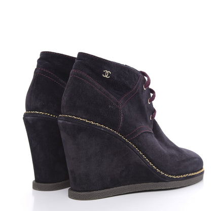 Chanel Suede Lace Up Wedge Booties 42 Dark Blue 4 of 10