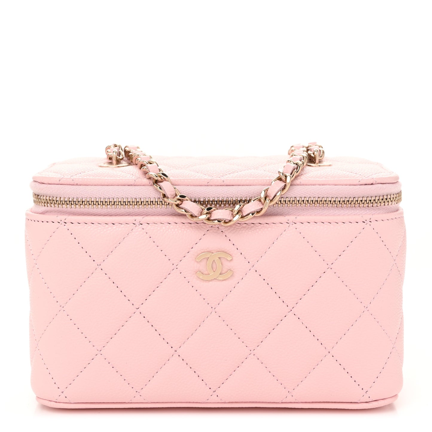 Caviar Quilted Small Vanity Case With Chain Light Pink