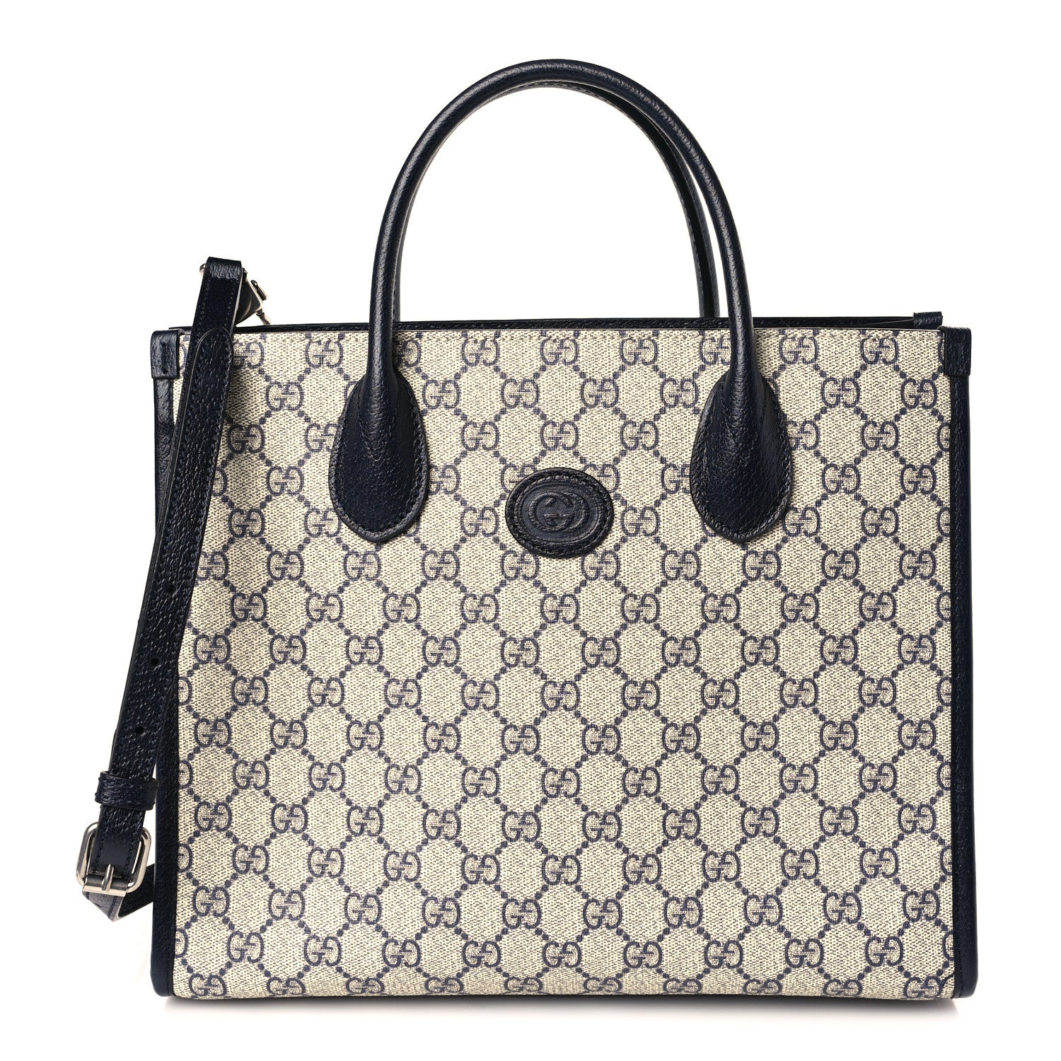 Gucci GG Supreme Monogram Textured Dollar Calfskin Small Retro Interlocking G Tote Bag Beige Blue 1 of 9