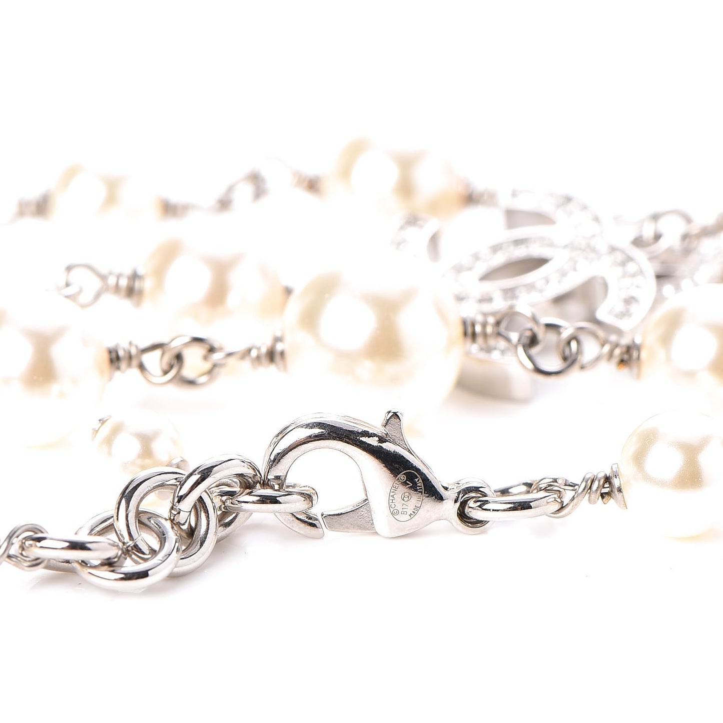 Crystal Pearl CC Long Necklace Silver
