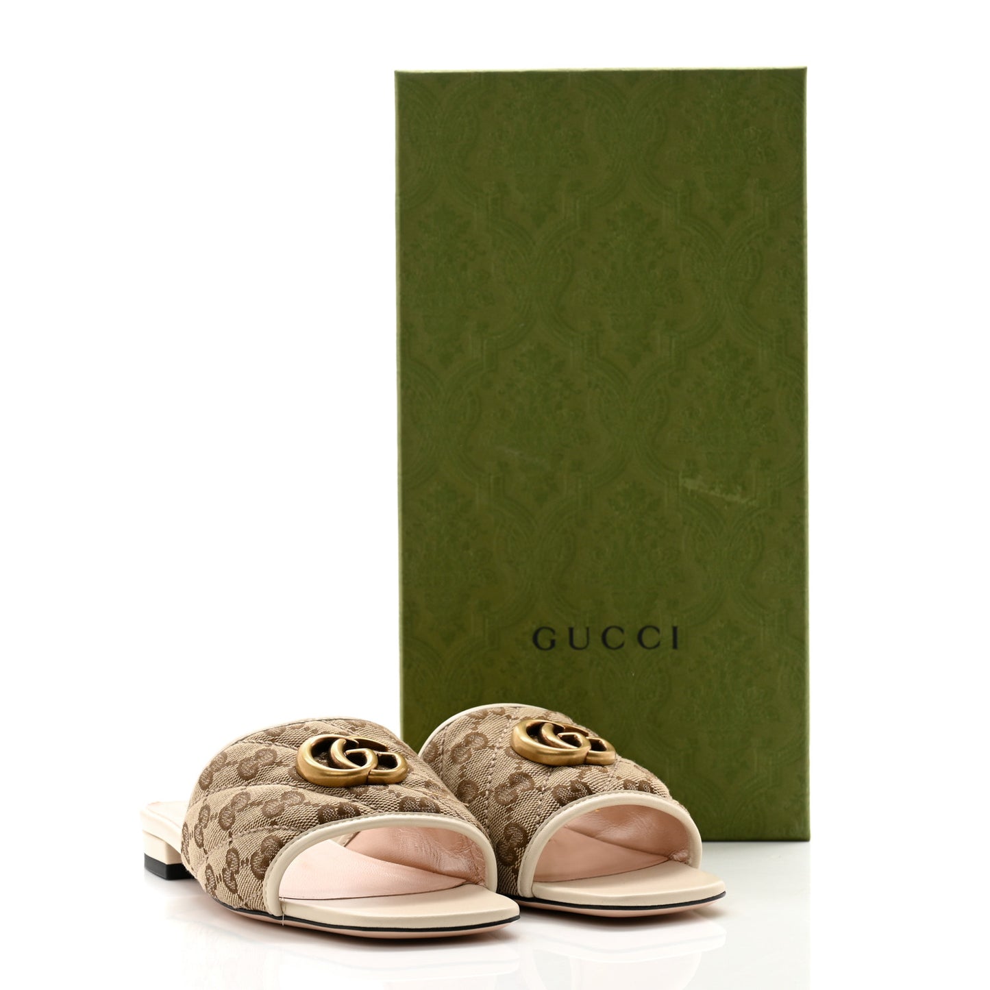 Monogram Matelasse Diagonal GG Marmont Flat Slide Sandals 36.5 Beige Ebony Mystic White