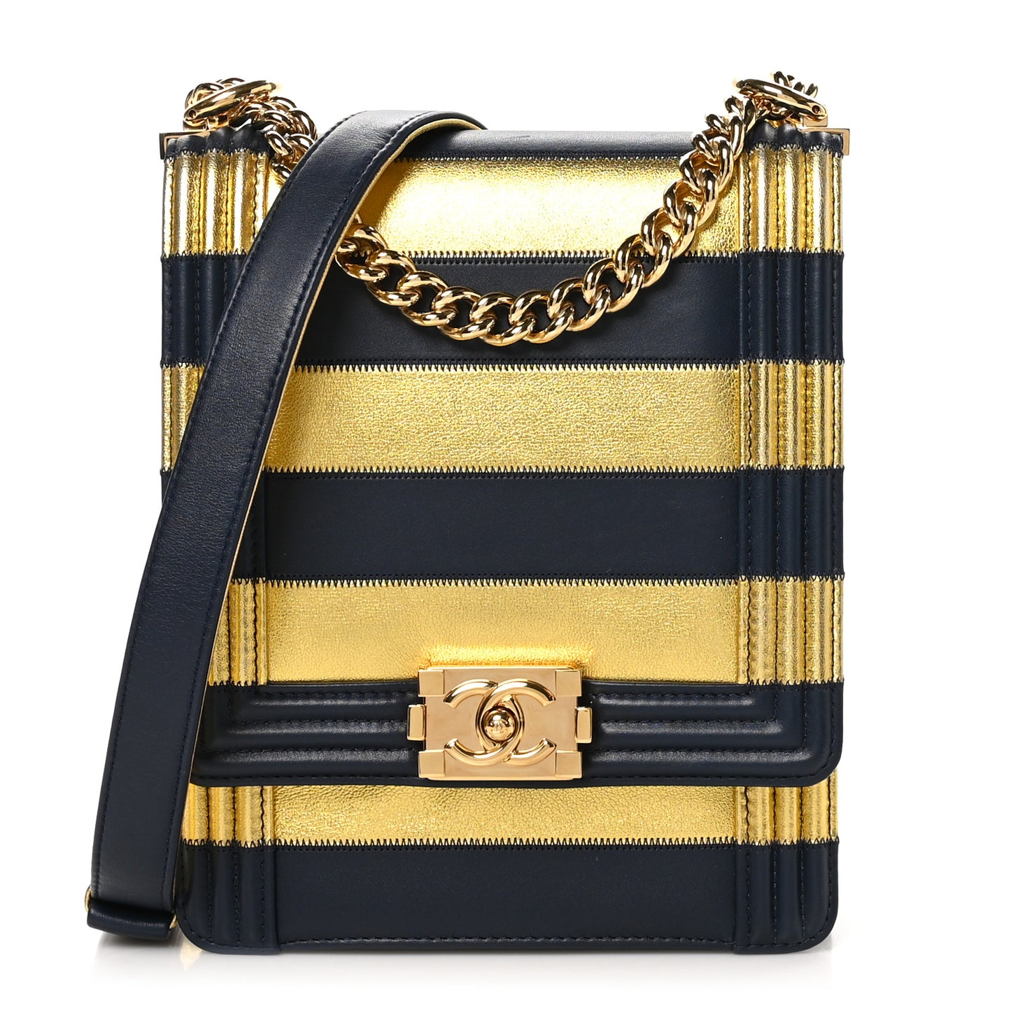 Metallic Lambskin Striped North South Boy Flap Navy Gold