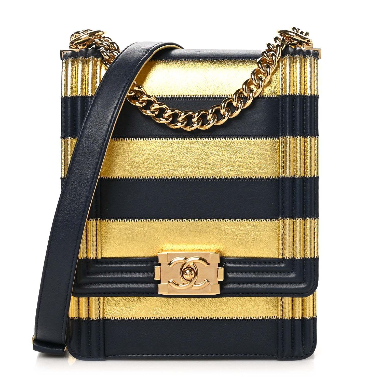 Chanel Metallic Lambskin Striped North South Boy Flap Navy Gold 1 of 11