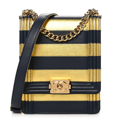 Chanel Metallic Lambskin Striped North South Boy Flap Navy Gold 1 of 11