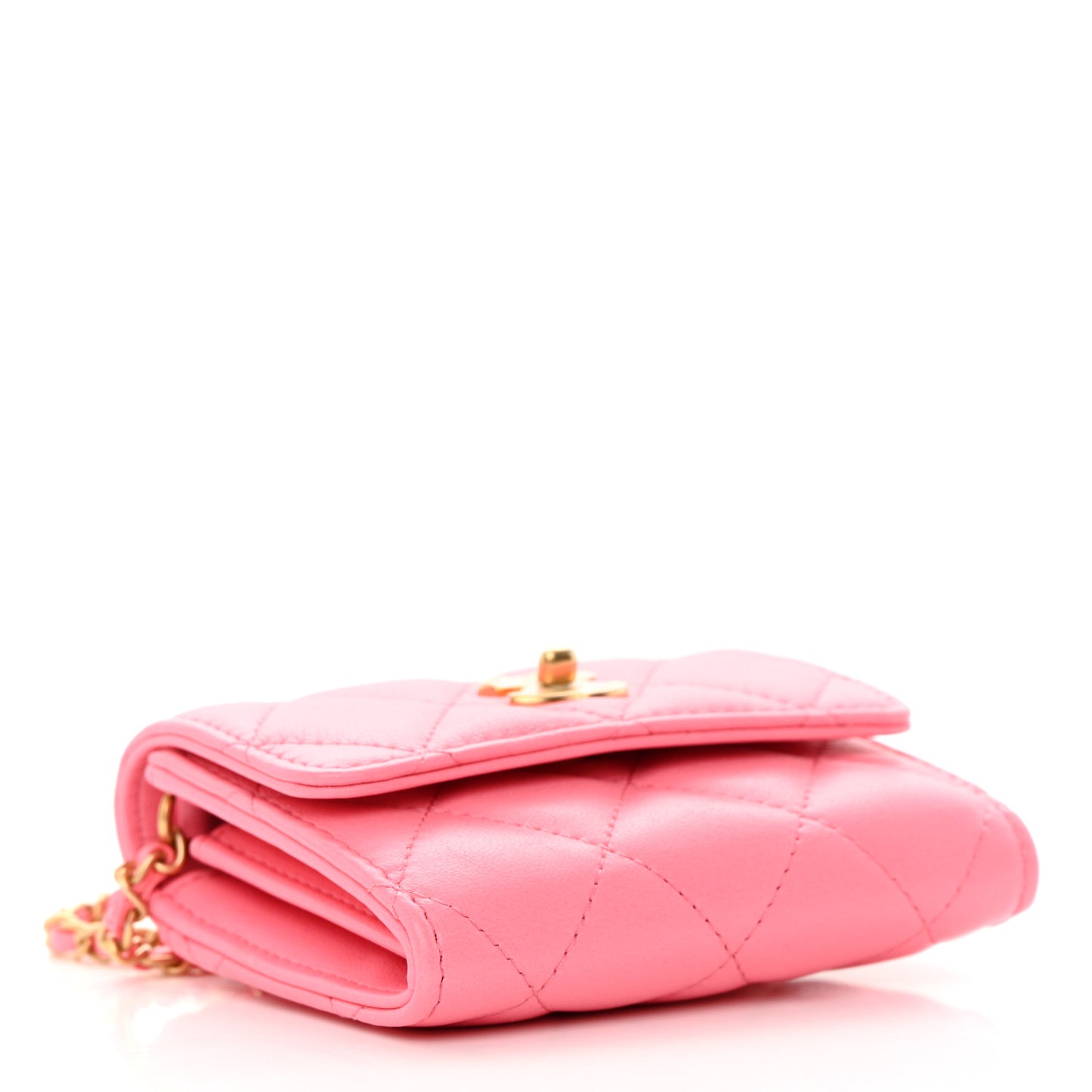 Lambskin Quilted Pearl Crush Card Holder With Chain Pink