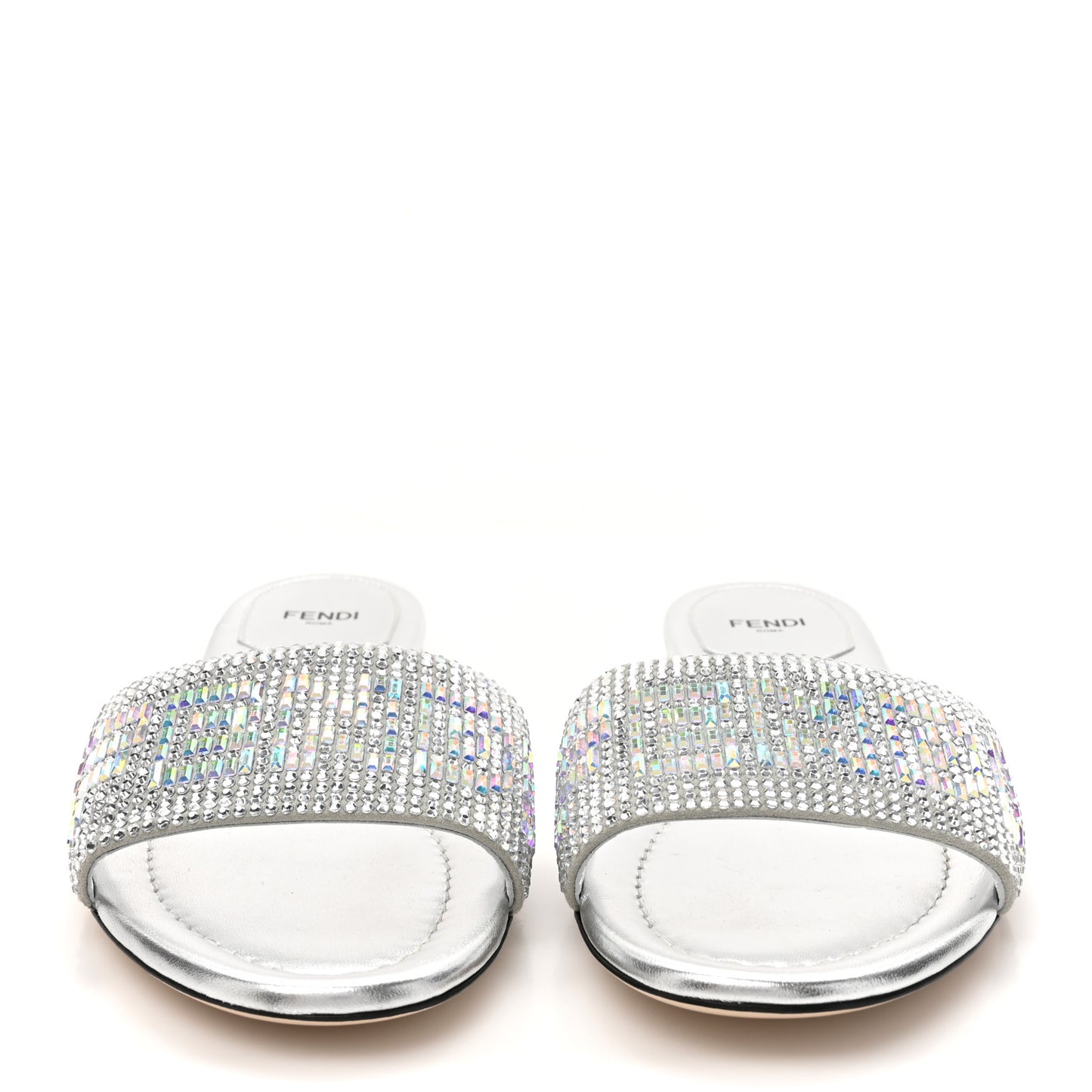 Laminated Goatskin Baguette Crystal Embroidered Signature Flat Slide Sandals 39.5 Silver
