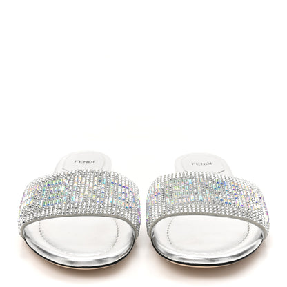 Fendi Laminated Goatskin Baguette Crystal Embroidered Signature Flat Slide Sandals 39.5 Silver 3 of 9