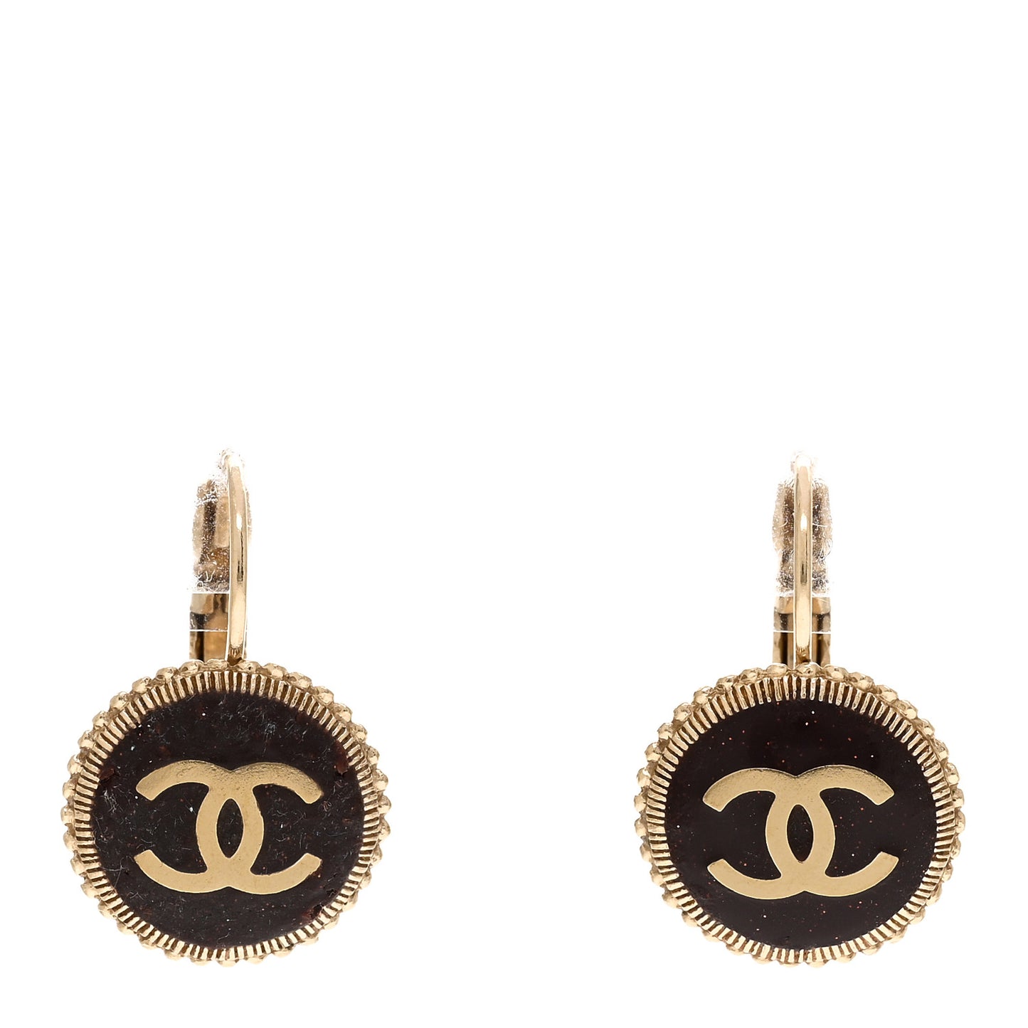Enamel CC Disc Hoop Drop Earrings Gold Black