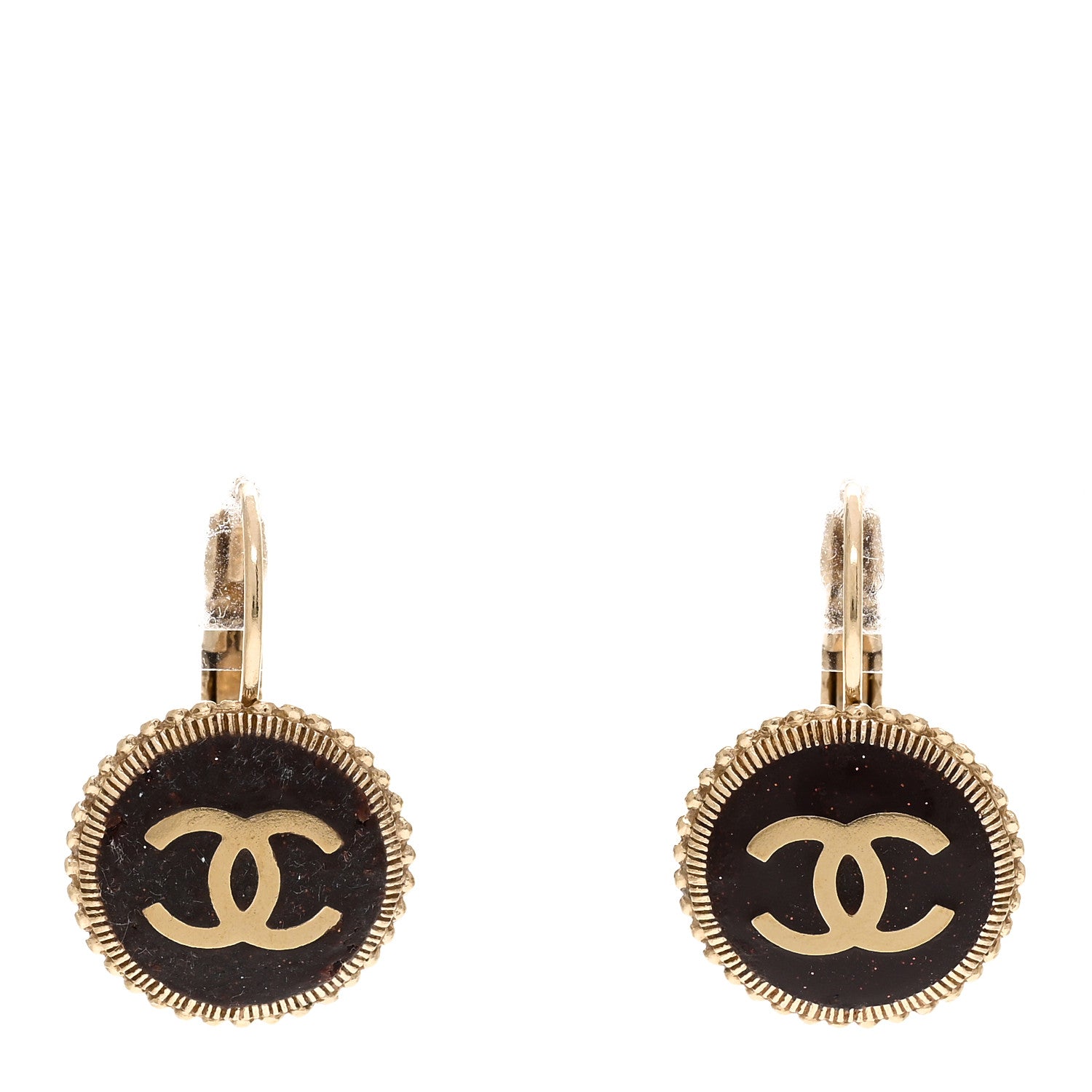 Chanel Enamel CC Disc Hoop Drop Earrings Gold Black 1 of 4
