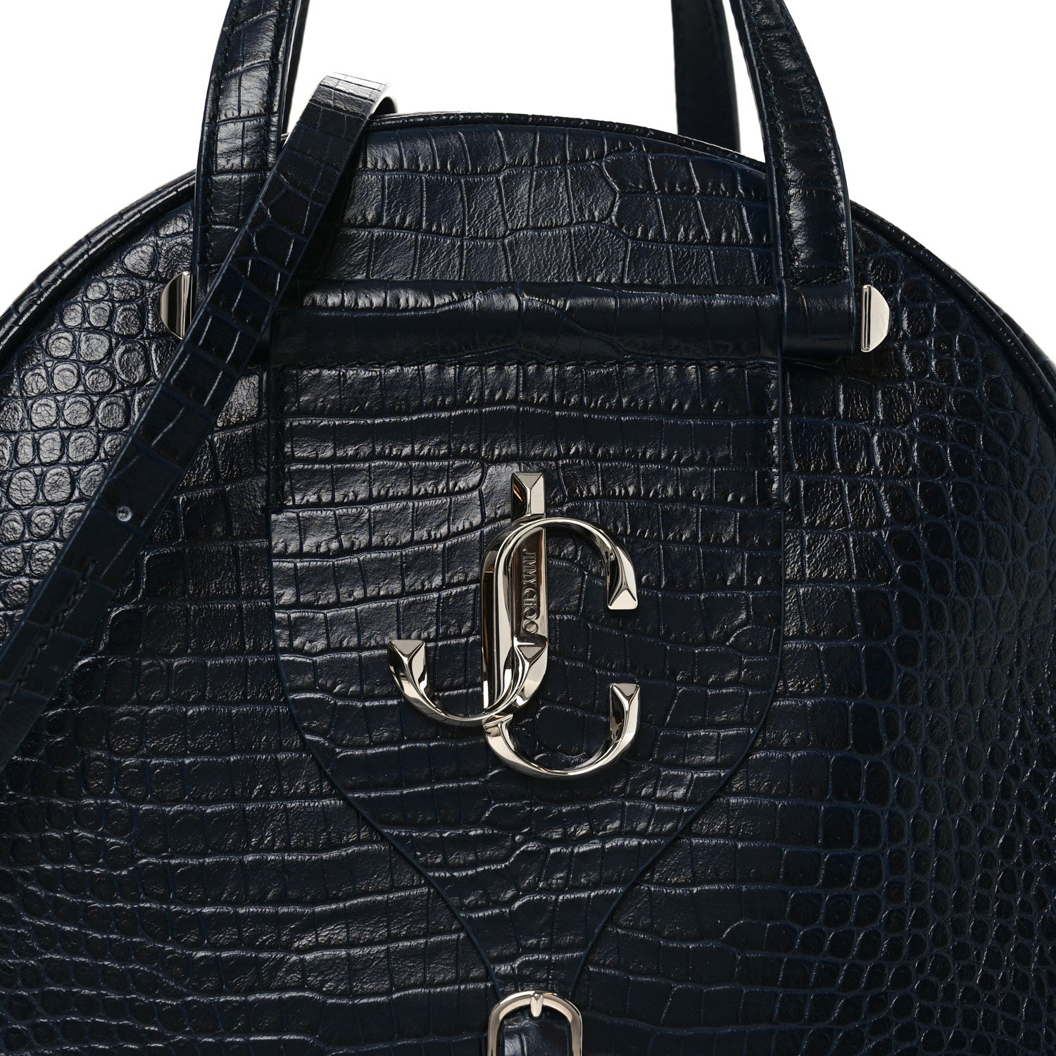 Jimmy Choo Calfskin Crocodile Embossed Small Varenne Bowling Bag Navy 7 of 9