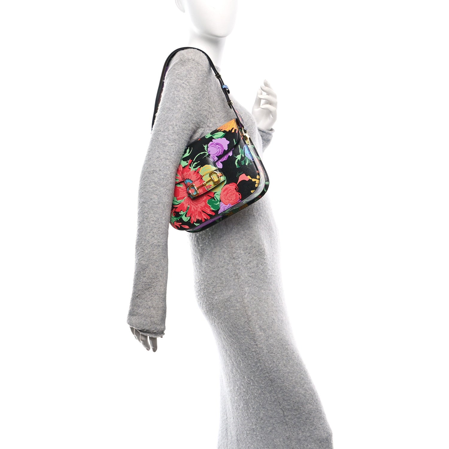 Gucci X KEN SCOTT New Shangai Calfskin Jenny Floral Print Horsebit 1955 Shoulder Bag Black Pink 2 of 10