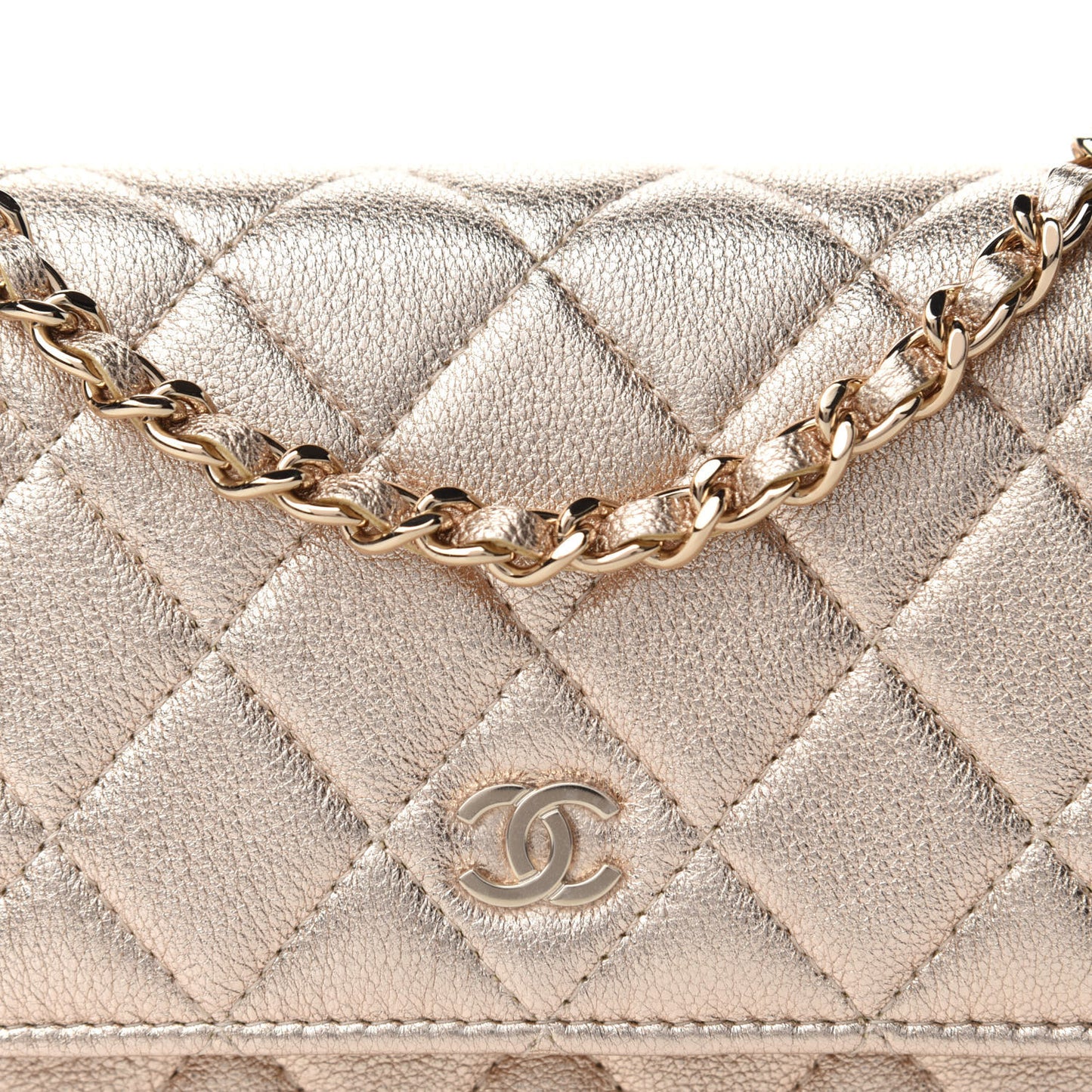 Metallic Lambskin Quilted Mini Wallet On Chain WOC Gold