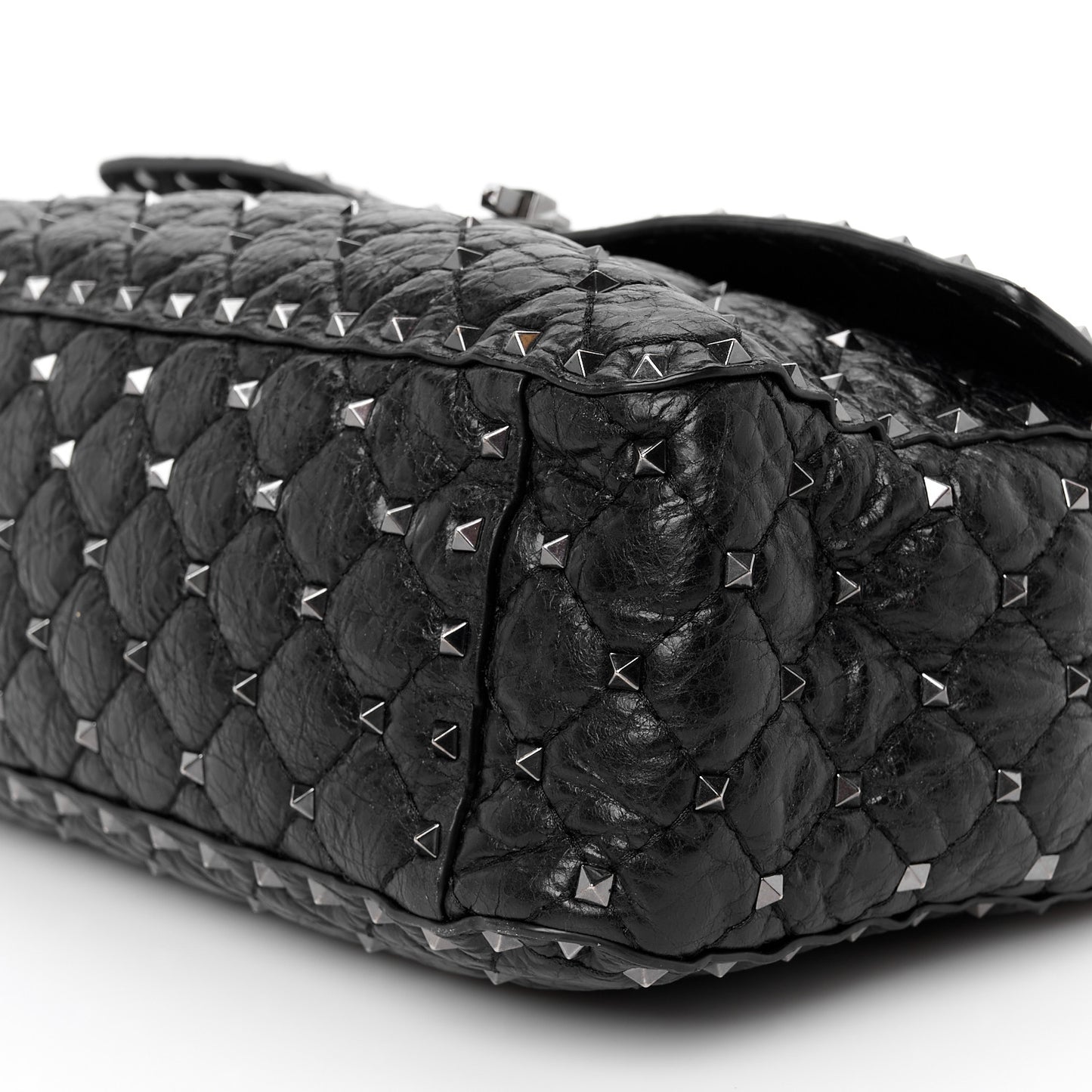 Craquele Nappa Large Rockstud Spike Shoulder Bag Black